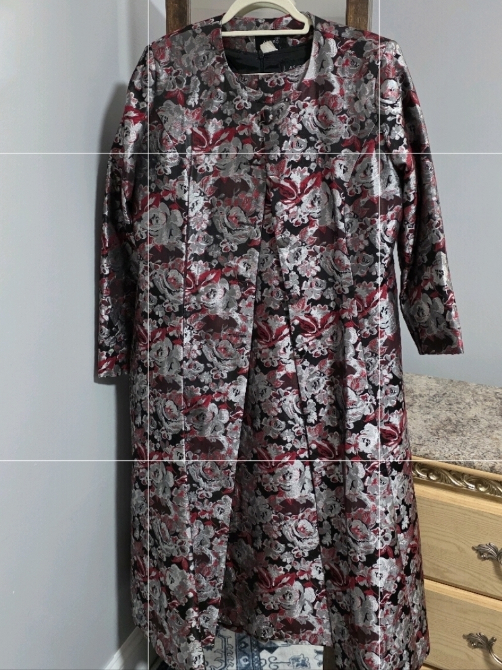Ashro Floral Brocade Coat Dress in Burgundy and Silver 2 Piece Set